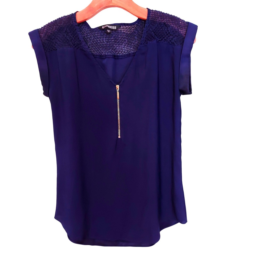 Express Womens Royal Blue Minimalist Crochet Mesh Yoke Gold Half Zip Blouse XS